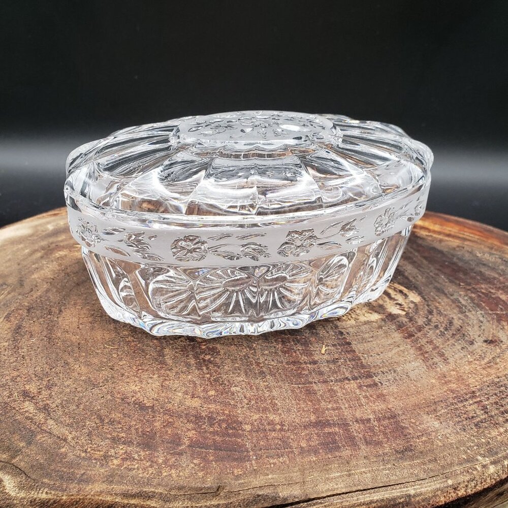 Vintage Pressed Glass Lidded Trinket Dish Floral Vanity Box Jewelry Dish